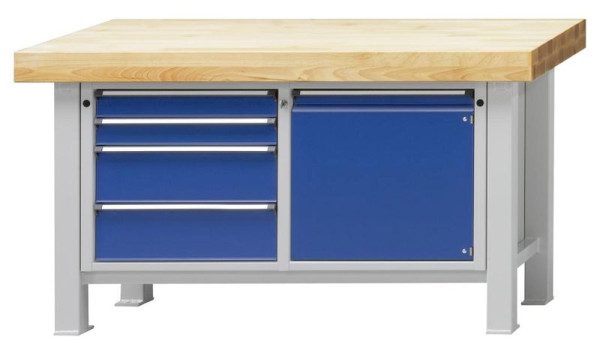 ANKE zware werkbank; 1500x800 mm; RAL 7035/5010; Beuk massieve plaat; Links 4 laden 90, 90, 180, 180 mm; Rechts 1 deur 540 mm