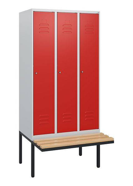 C+P Umkleidespind Classic PLUS, 3 Abteile, 1950x900x815mm, 7035/3020, Zylinderschlösser, Buche-Sitzleisten, 0800405-30 S10017