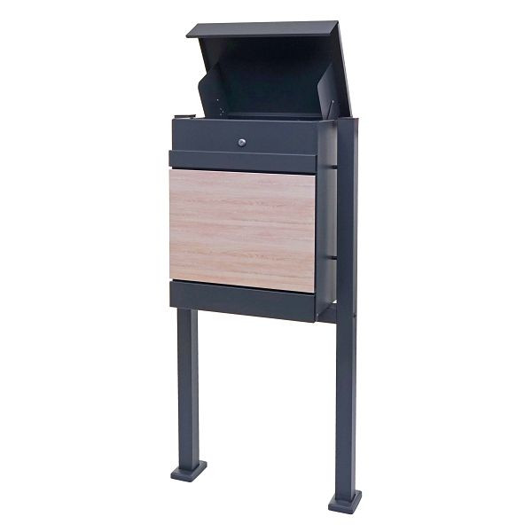 Mendler pakketbus met standaard HWC-K41, pakketbus pakketstation staande brievenbus, metaal, gegalvaniseerd antraciet houtlook, 92121 + 92125