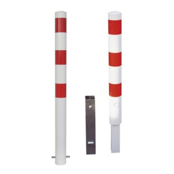 Stone HGS afzetpaal -Bollard-, met driehoekslot, bodemsluiting, wit gecoat met 3 roodlichtstrips, 2 oogjes, ronde buis Ø 89 mm, 489fb-2