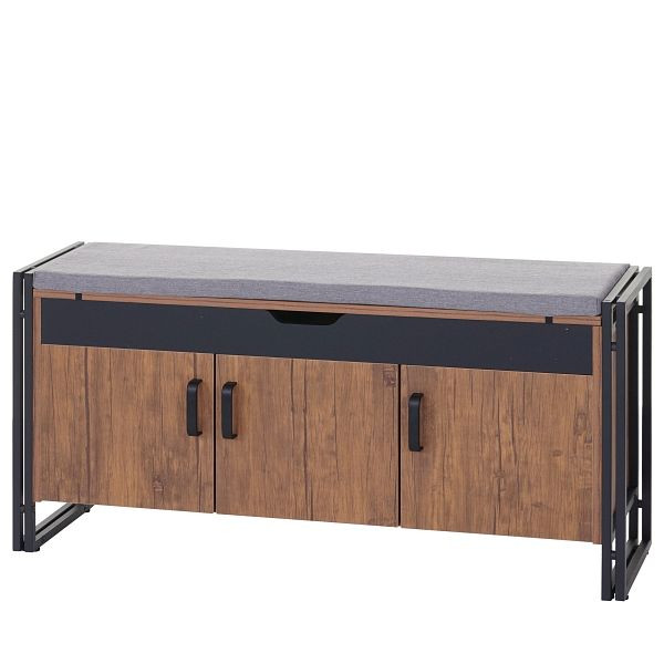 Mendler schoenenkast met zitje HWC-A27, dressoirbank met kussen, 53x110x30cm 3D metalen structuur, wilde eiken look, 60159