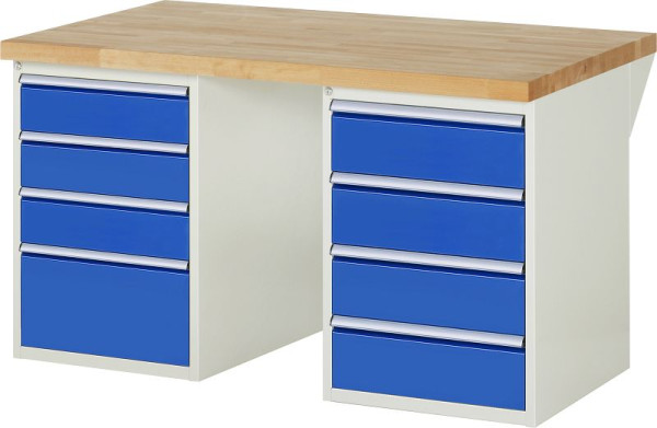RAU werkbank serie 7000 - modulair ontwerp, 2x onderbouwcontainers (4x laden) links en rechts, 1500x840x900 mm, 03-7820A3-159B4S.11