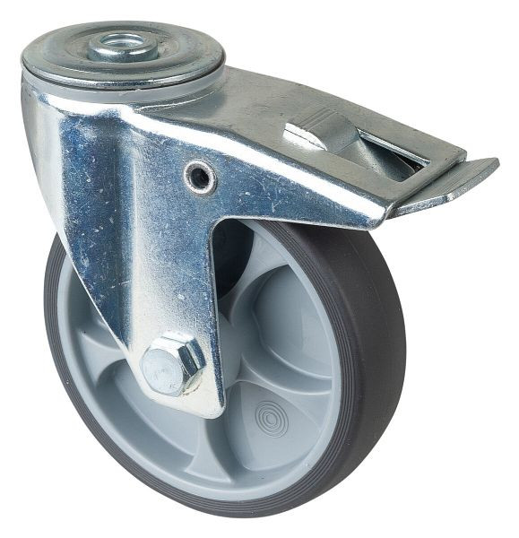 BS rollen transportwiel zwenkwiel met rem, grijs thermoplastisch rubberen wiel, rollager, diameter: 120 mm, VE 2 stuks, L121.B44.126