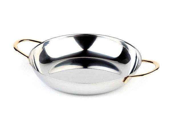 APS serveer-/bijgerecht, Ø 28 cm, hoogte: 4 cm, 2 liter, gepolijst roestvrij staal, vergulde roestvrijstalen handgrepen, 61280