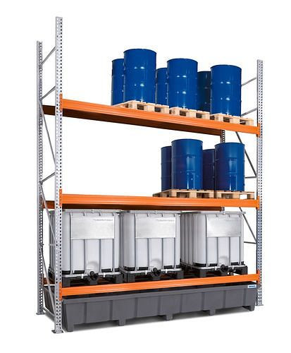 DENIOS palletstelling voor gevaarlijke stoffen, basisveld, 3 opslagniveaus, kunststof opvangbak, 3500 x 1315 x 3800 mm, 305697
