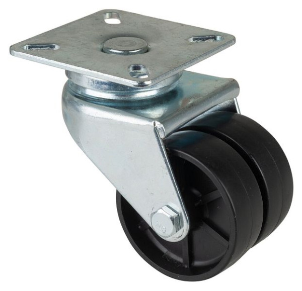 BS rollenapparaat dubbele rol, breedte 2x19 mm, Ø50 mm, tot 80 kg, loopvlak zwart kunststof, glijlager, plaat, VE 4 stuks, B100.A90.051