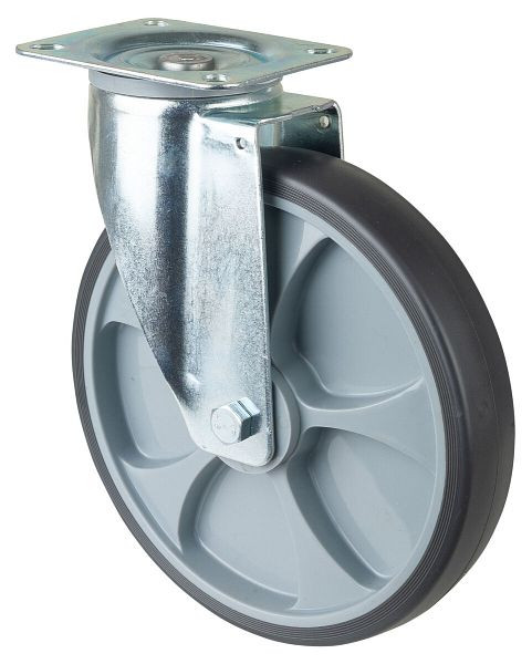 BS rollen transportrol, breedte 45 mm, Ø250 mm, tot 300 kg, grijze thermoplastische banden, kunststof wiellichaam, rollager, plaat, L400.B44.250
