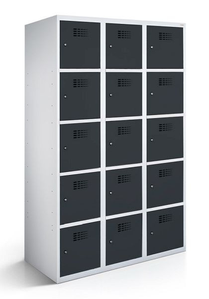KEMMLIT lockerkast met 3 vakken en 15 deuren 40cm met gesloten bodem, antracietgrijs 7016, cilinderslot, 100728