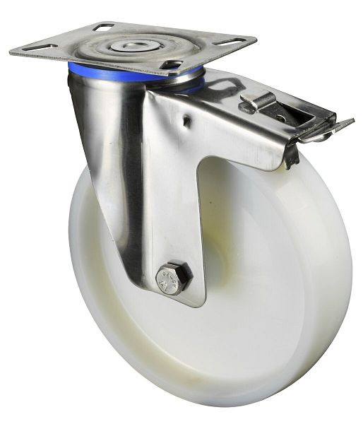 BS rollen RVS transportrol met rem, breedte 50 mm, Ø200 mm, tot 300 kg, loopvlak/wiellichaam kunststof, glijlager, plaat, H120.A90.200