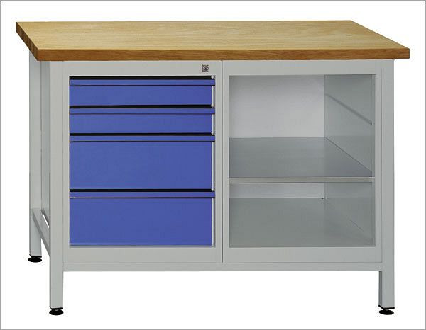 ADB werkbank 1 legborddeel + 4 laden, afmetingen: 1200x600x840mm (BxDxH), kleur werkblad: grijs, RAL 7035, kleur lade: lichtblauw (RAL 5012), 41929