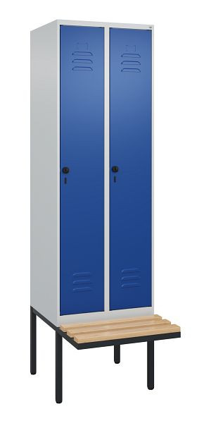 C+P Umkleidespind Classic PLUS, 2 Abteile, 2120x600x815mm, 7035/5010, Drehriegel, Buche-Sitzleisten, je 2 Doppel-Haken, 0800407-20F S10003