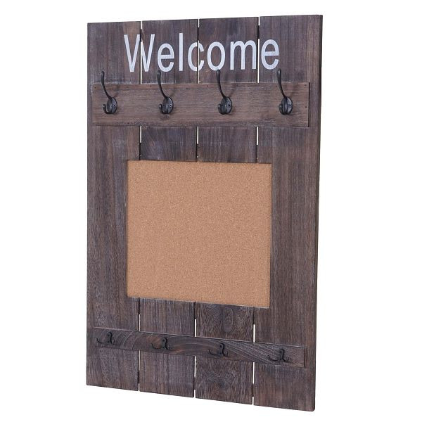 Mendler wandkast HWC-C89 met prikbord, garderobepaneel, vintage shabby look, 8 haken 91x60cm, bruin, shabby, 61926