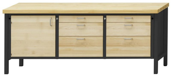 ANKE kastwerkbank; 2000x700mm; Beuk massieve plaat; 1 deur links; Midden 3 laden 90, 180, 270 mm; Rechts 3 laden 90, 180, 270 mm