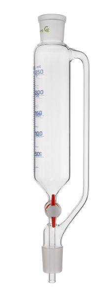 Rettberg druppeltrechter, 250 ml, mof NS 29/32, conus NS 29/32, PTFE afsluitkraan 4 mm, schaalverdeling, met drukvereffeningsbuis, 134048236