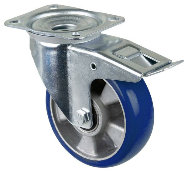 BS Rollen transportwiel zwenkwiel met rem, polyurethaan wiel 83 Shore aluminium velg, kogellager, plaat, diameter: 160 mm, L420.B92.160