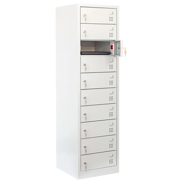Lüllmann laptopkast, geëlektrificeerd, 10 vakken, 1800 x 500 x 500 mm, lichtgrijs, 526440