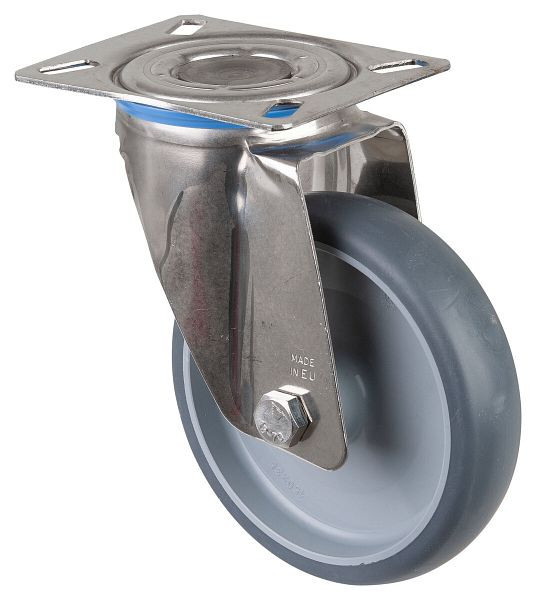 BS rollen RVS transportrol, breedte 40 mm, Ø150 mm, tot 140 kg, banden thermoplast grijs, wiellichaam kunststof, glijlager, plaat, H100.B43.150
