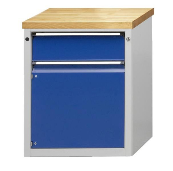 ANKE zijkast; 665 x 650 mm; RAL 7035/5010; Beuk massieve plaat; 1 lade 180 mm; 1 deur 540 mm