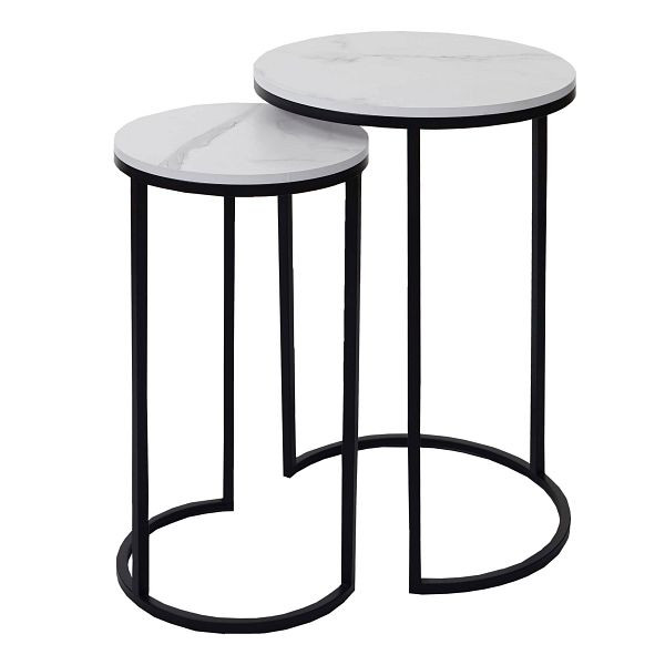 Mendler set van 2 bijzettafels HWC-K46, salontafel nachtkastje loungetafel, marmerlook MDF, wit-zwart, 94402
