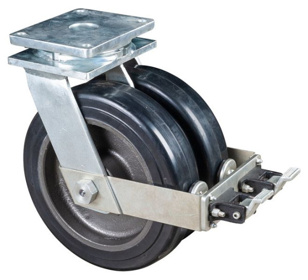BS Rollen Zware dubbele zwenkwiel met wiel/slot, B2x100 mm, Ø400 mm, tot 3000 kg, zwarte elastische banden, gegoten lichaam, kogellagers, S120.B81.400