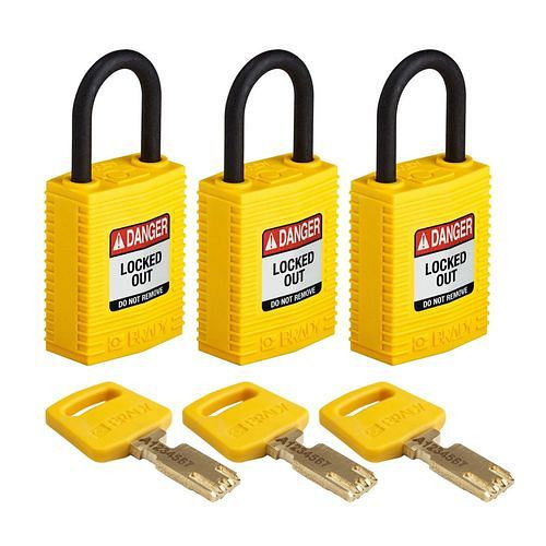 Brady hangsloten SafeKey, nylon, set van 3, beugelhoogte 25,40 mm, geel, 311935