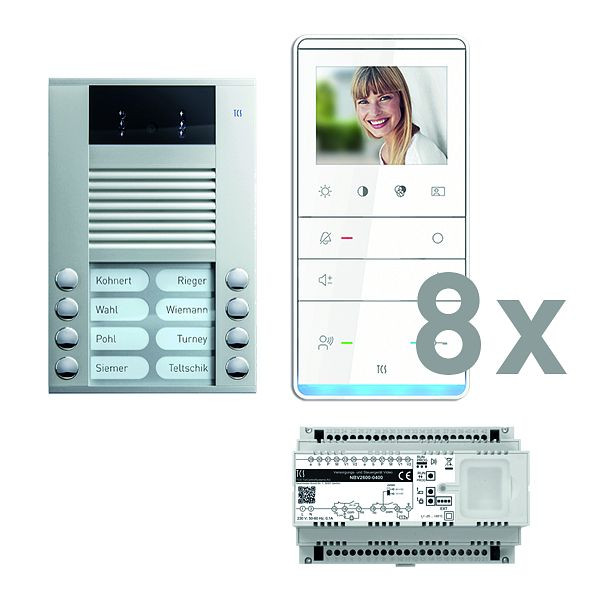 TCS deurbediening video: pack AP voor 8 wooneenheden, met voordeurstation AVE 8 belknoppen, 8x video handsfree luidspreker IVW5111, besturing, PVE16080-0010