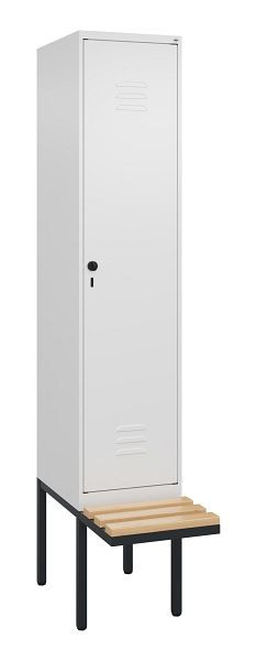 C+P Umkleidespind Classic PLUS, 2120x400x815mm, 9016/9016, Drehriegel, Buche-Sitzleisten, je 2 Doppel-Haken, 0800407-12F S10014