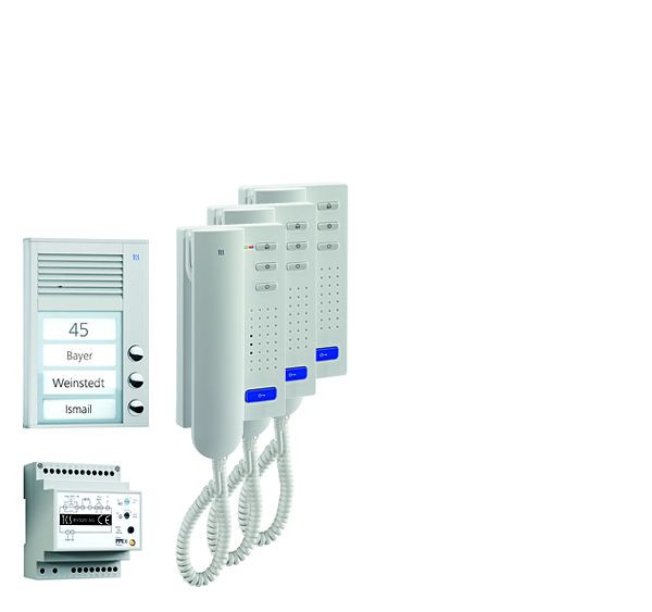 TCS deurbediening audio: pack AP voor 3 wooneenheden, met buitenpost PAK 3 belknoppen, 3x deurtelefoon ISH3030, bedieningseenheid BVS20, PPA03-EN / 02