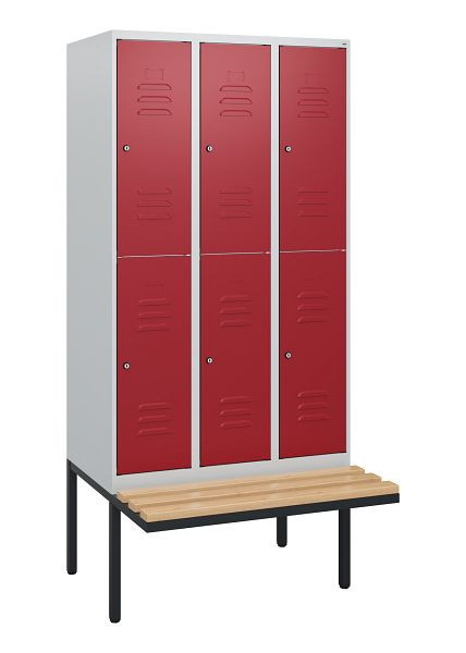 C+P dubbeldekkerkast Classic PLUS, 3 compartimenten, 1950x900x815mm, 7035/3003, cilindersloten, beukenhouten zitlatten, zitting, 0803405-30 S10031