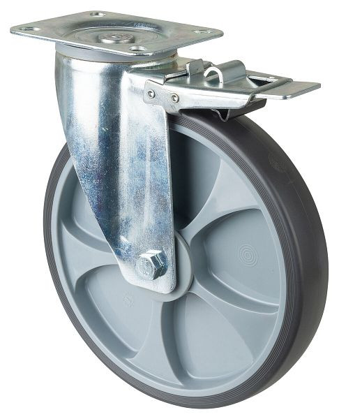 BS rollen transportrol met rem, breedte 45 mm, Ø250 mm, tot 300 kg, thermoplast grijze banden, kunststof, kogellagers, plaat, L420.A85.250