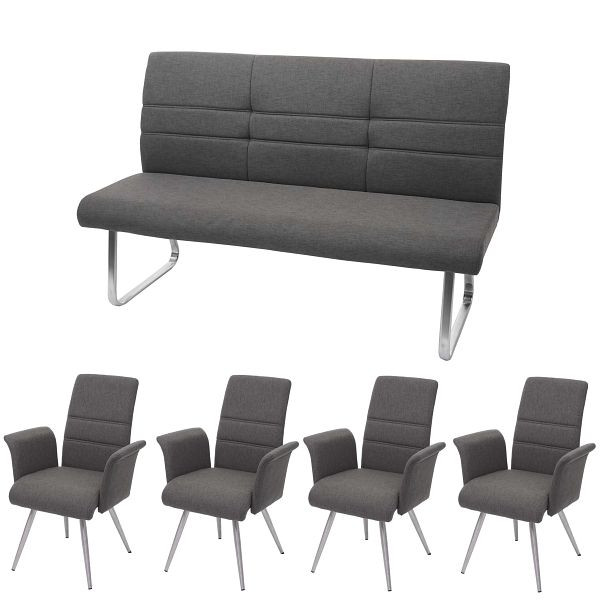 Mendler Set 4x eetkamerstoel + bank HWC-G55, bank keukenstoel + armleuning, stof/textiel RVS, grijsbruine bank 180cm, 73577 + 73578 + 2x71709