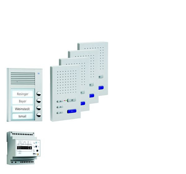 TCS deurbediening audio: pack AP voor 4 woonunits, met buitenstation PAK 4 belknoppen, 4x handsfree luidspreker ISW3030, bedieningsunit BVS20, PPAF04-EN / 02
