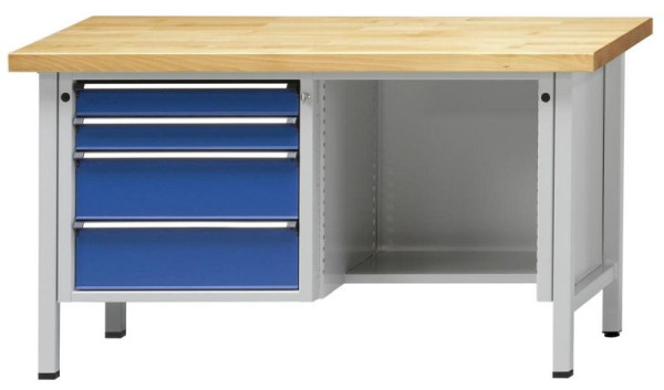 ANKE kastwerkbank; 1500x700 mm; RAL 7035/5010; Links 4 laden 90, 90, 180, 180 mm; achterste verdieping