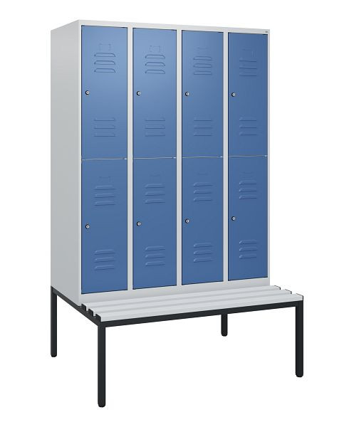 C+P dubbeldekskast Classic PLUS, 4 vakken, 1950x1200x815mm, 7035/5023, cilindersloten, met bank eronder, 0803505-40 S10080