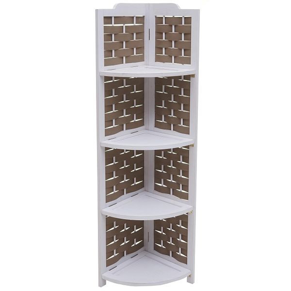 Mendler hoekplank HWC-K85, plankstandaard, opvouwbaar 4 planken, paulowniahout 110cm, wit, gevlochten bruin, 97656