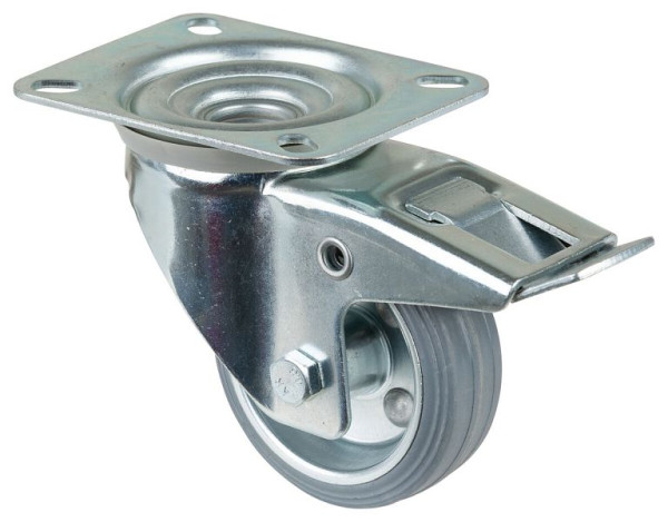 BS rollen transportrol met rem, breedte 26 mm, Ø80 mm, tot 50 kg, grijs rubberen loopvlak, rollager, plaat, VE 4 stuks, L420.B56.080