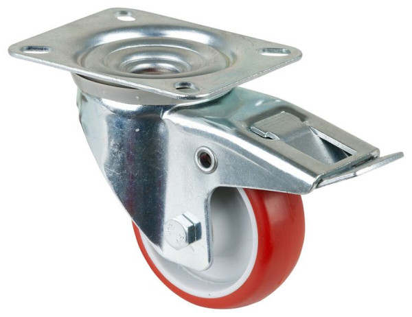 BS rollen transportrol met rem, breedte 28 mm, Ø80 mm, tot 125 kg, rood polyurethaan, kunststof behuizing, rollager, plaat, L420.B31.080