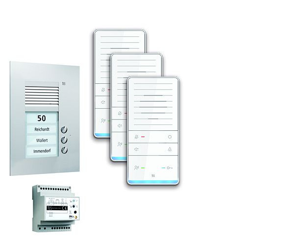 TCS deurbedieningssysteem audio: pack UP voor 3 wooneenheden, met buitenstation PUK 3 belknoppen, 3x handsfree luidspreker ISW5031, bedieningseenheid BVS20, PAUF031 / 001