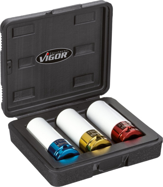 VIGOR slagmoersleutel dopsleutelset, hol vierkant 12,5 mm (1/2 inch), buitenzeskantprofiel, aantal gereedschappen: 3, V2522