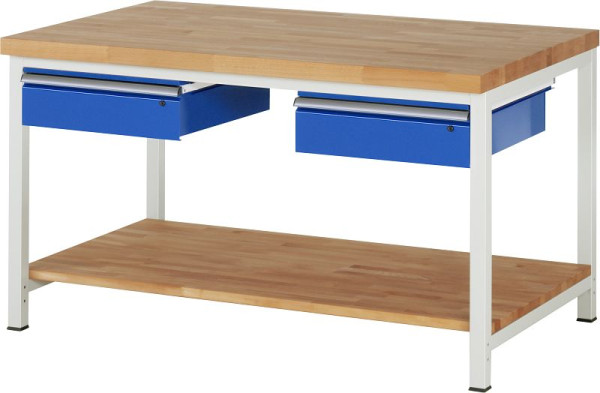 RAU werkbank serie 8000 - frameconstructie (gelast frame), 2x laden, massief beukenhouten plank, 1500x840x900 mm, 03-8002A7-159B4S.11