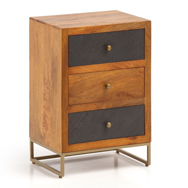 Wohnling nachtkastje Mango massief hout / steenlook 40x60x30 cm nachtkastje boxspringbed, design nachtconsole bruin met 3 laden, WL6.767