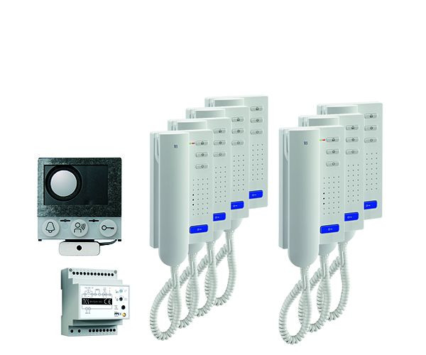 TCS audio:pack installatie voor 7 wooneenheden, met ingebouwde luidspreker ASI12000 + 7x deurtelefoon ISH3030 + control unit BVS20, PAIH070/004