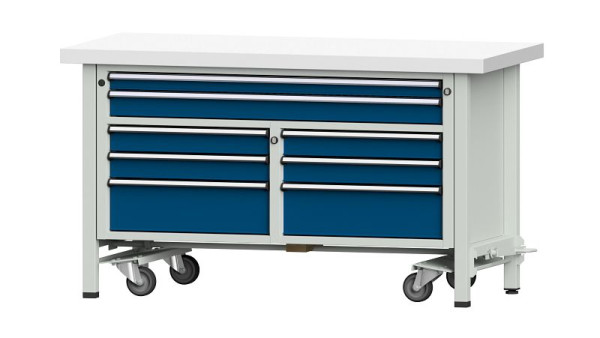 ANKE werkbanken box werkbank, model 259 V, 1500 x 700 x 850 mm, RAL 7035/5010, KSP 50 mm, met neerlaatbaar verrijdbaar apparaat, 304.227