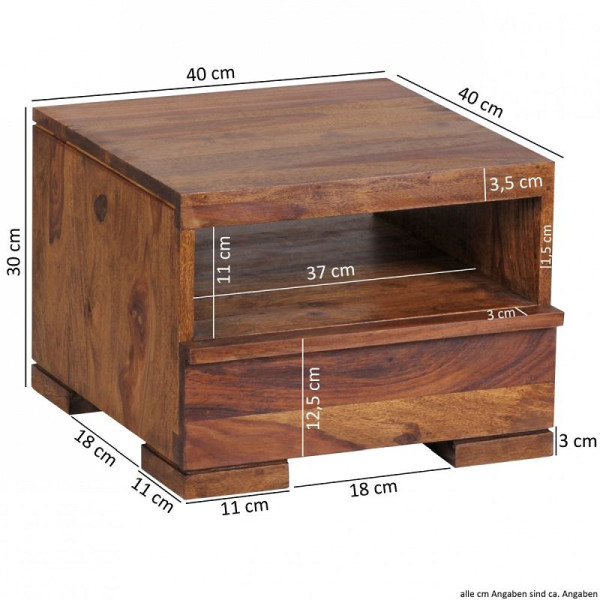 Wohnling nachtkastje MUMBAI massief sheeshamhout 30 cm 1 ladeplank landhuisstijl echt hout, WL1.519