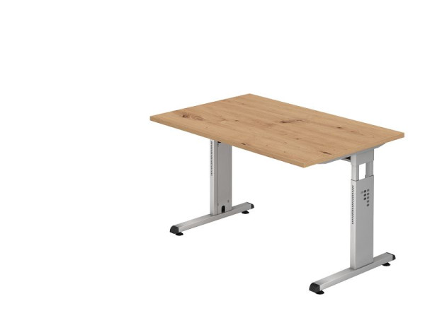 Hammerbacher bureau OS12, 120 x 80 cm, blad: knoestig eiken, 25 mm dik, 2 mm ABS rand, rechthoekige vorm, zilver, VOS12/R/S