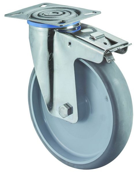 BS rollen RVS transportrol met rem, B50 mm, Ø200 mm, tot 200 kg, thermoplast grijze banden, glijlager, plaat, H120.B43.200