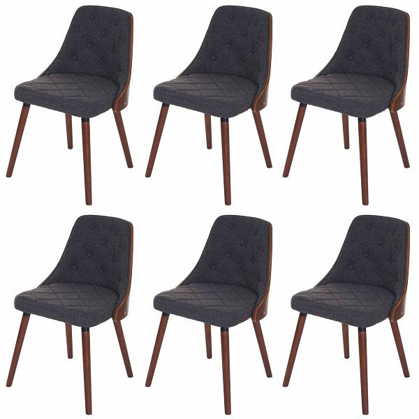 Mendler set van 6 eetkamerstoelen HWC-A75, bezoekersstoel, keukenstoel, walnoot look gebogen hout, textiel grijs, 3x48423