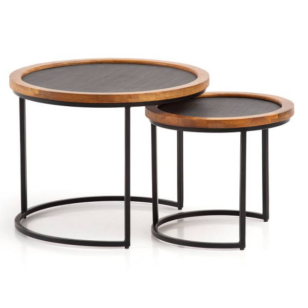 Wohnling salontafel set van 2 mango massief hout / steenlook woonkamertafel rond, nesttafel met metalen frame, moderne salontafel, bruin/antraciet, WL6.778