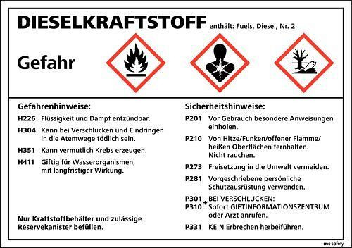 DENIOS GHS-bord, overzicht "GHS dieselbrandstof", folie, zelfklevend, 210 x 148 mm, verpakking van 10, 210091