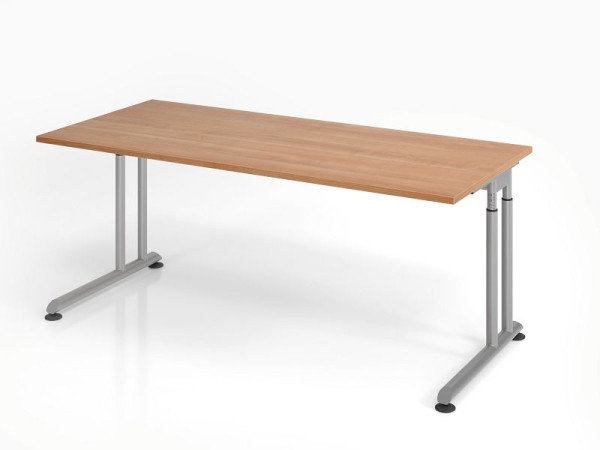 Hammerbacher bureau ZS19, 180 x 80 cm, blad: walnoot, 25 mm dik, ABS dikke rand, rechthoekige vorm, zilver, VZS19/N/S